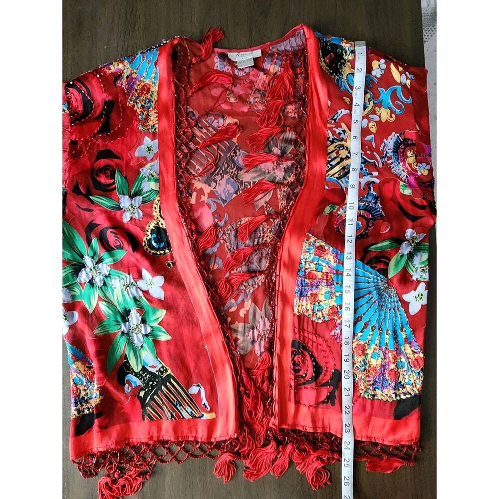 Aria A Vintage Beaded Tassels Silk Blend Floral Kimono Red Multicolor Gipsy Boho - Picture 8 of 9